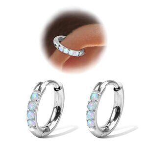 Silver-White Opal 8mm Surgical Steel Small Hoop Earrings for Women